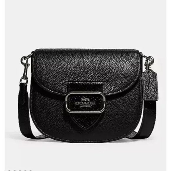 Coach 2023 Morgan Black Pebbled Leather Saddle Bag Crossbody Snakeskin Trim NWOT - Picture 1 of 16